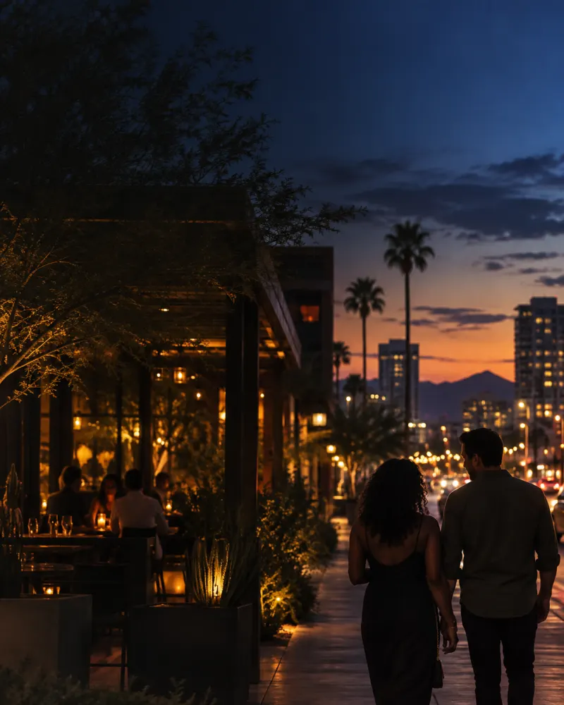 A couple walking toward a warmly lit city patio at blue hour