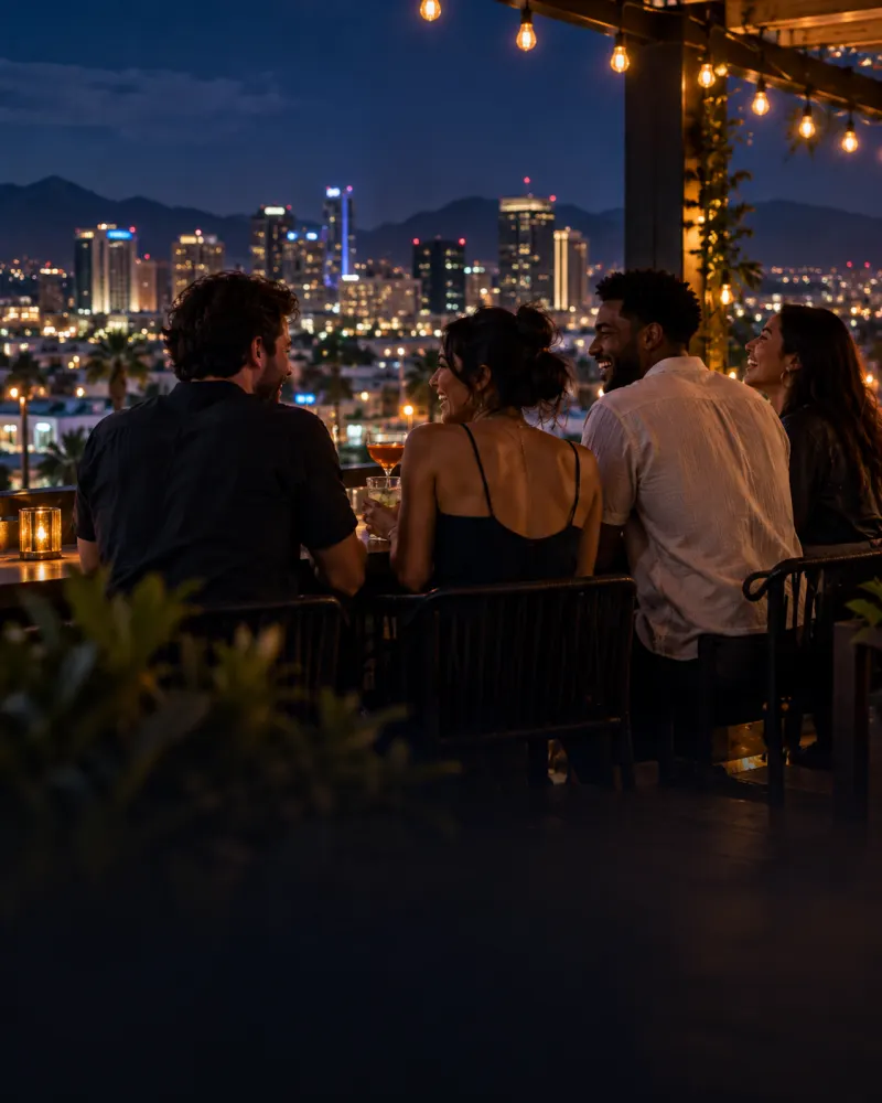 Friends enjoying a rooftop evening with city lights