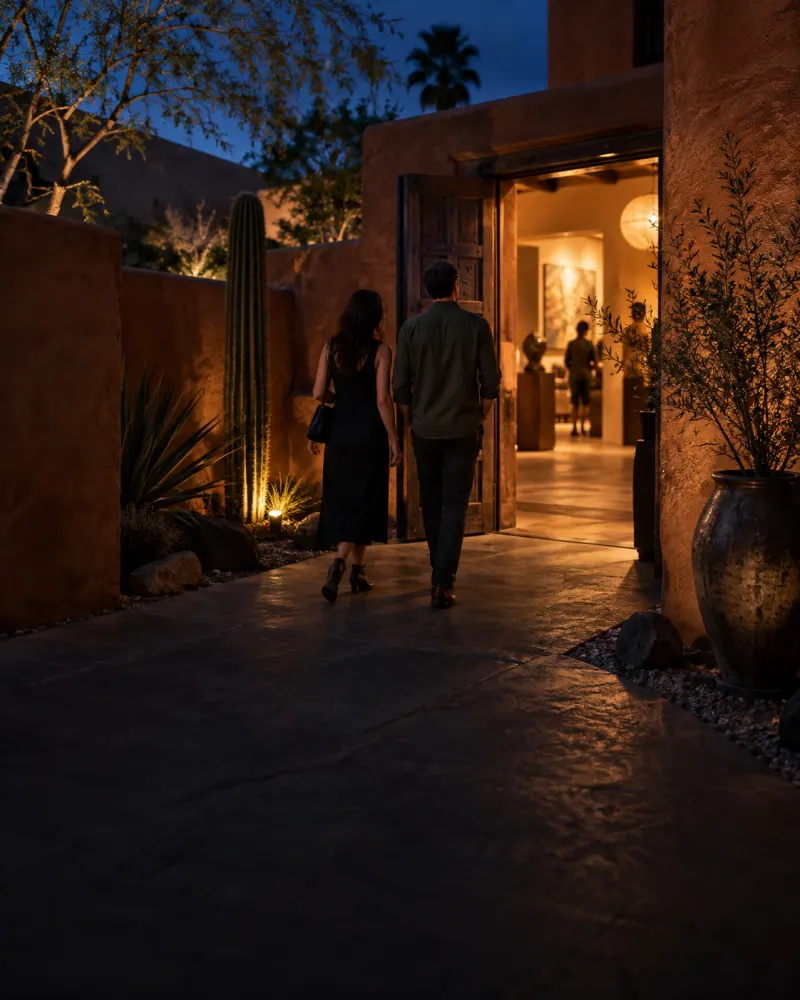 A couple discovering a warmly lit gallery through a desert courtyard